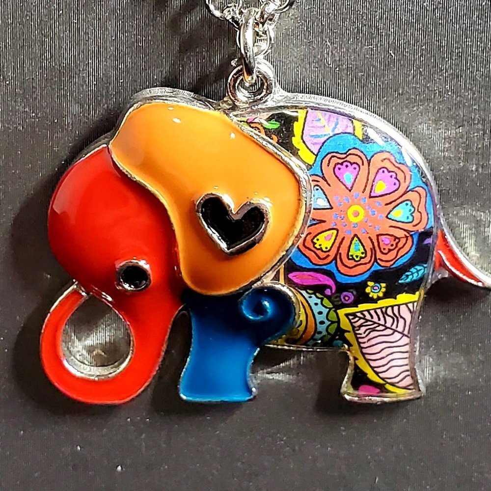 Handpainted Enamel Elephant Necklace - Orange Ears